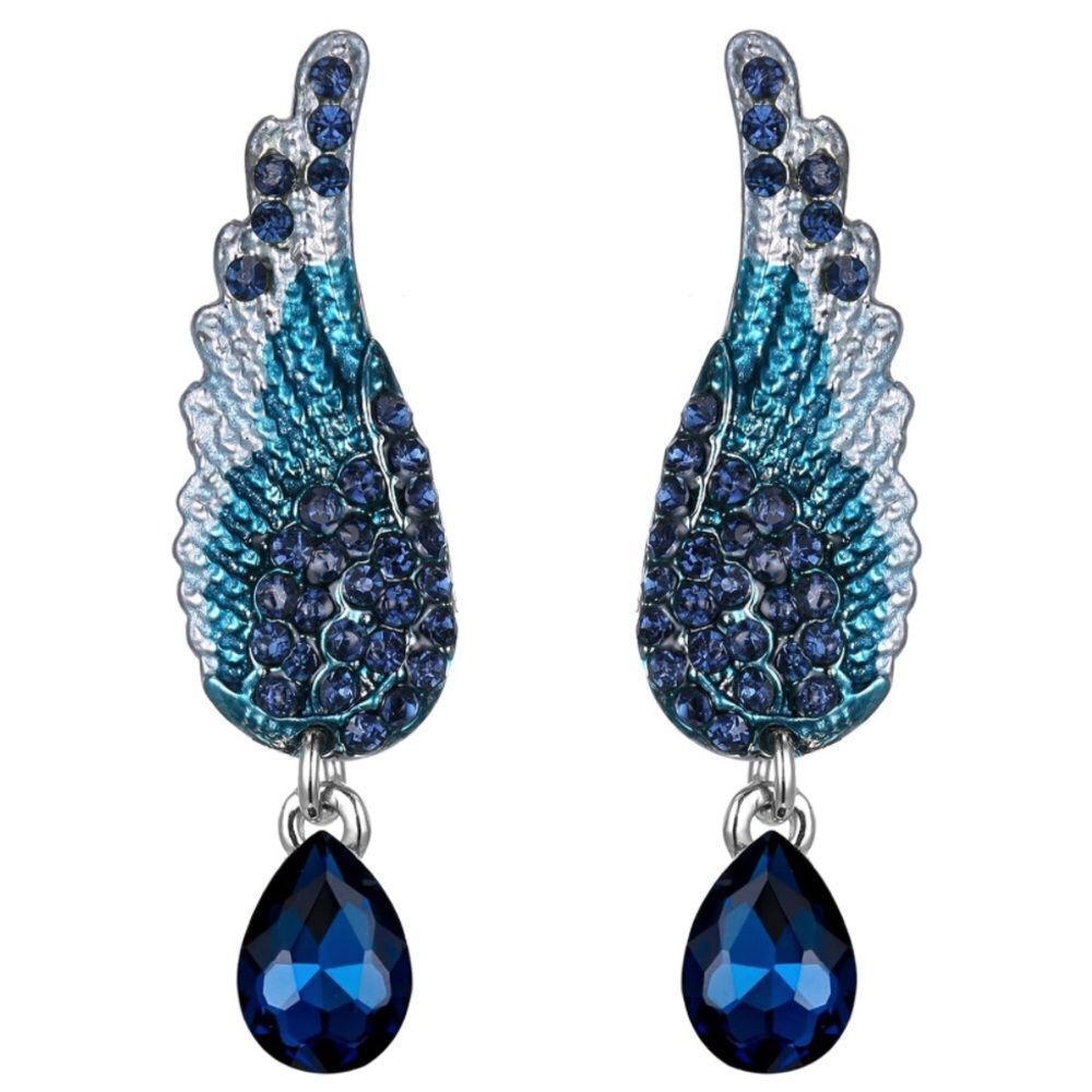 Silver with Sapphire Blue Crystal Angel Wing Enamel Dangling Post Back Earrings